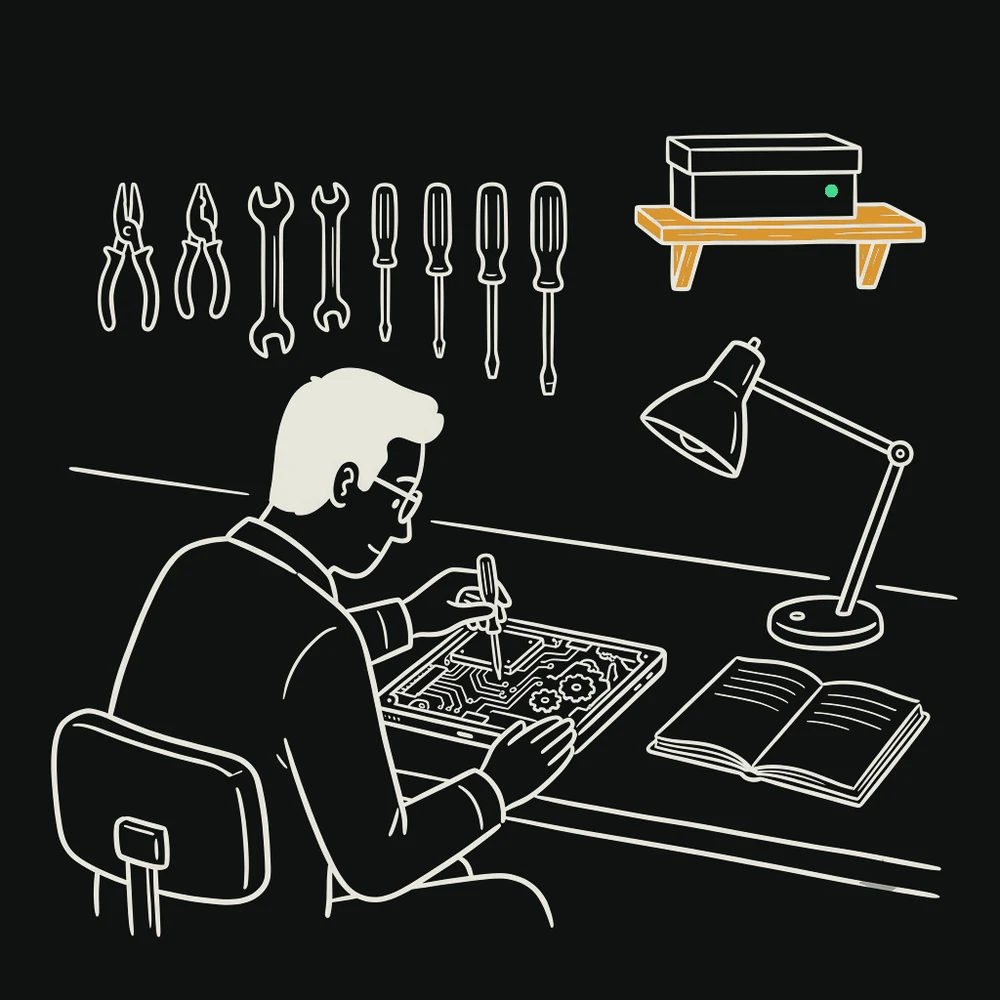 An engineer at a workbench repairing an opened device, with hand tools hung in a neat row on the wall and a lamp and notebook on the bench.