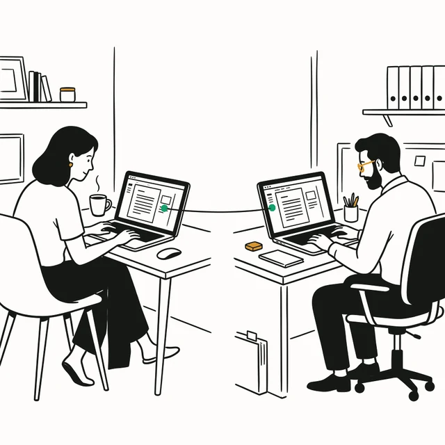 Two people at desks in different places with the same document open on both laptops.
