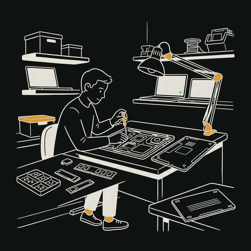 A technician at a workbench with an opened laptop, screwdriver in hand and replacement parts laid out in a row.