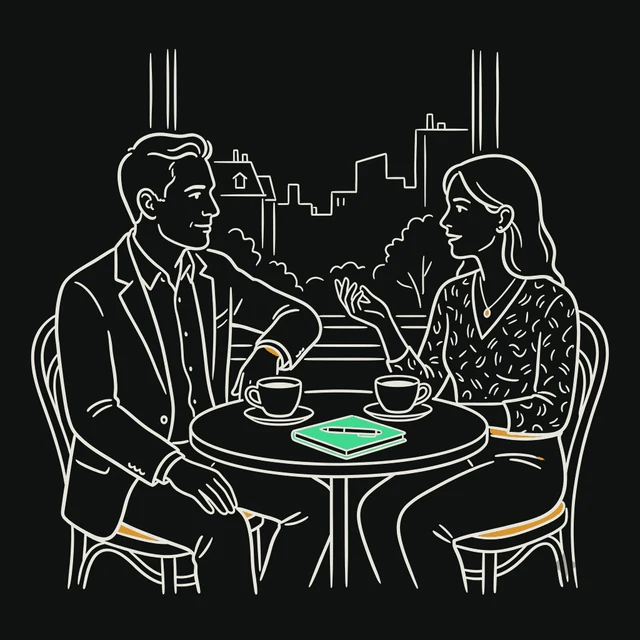 Two people talking across a table.