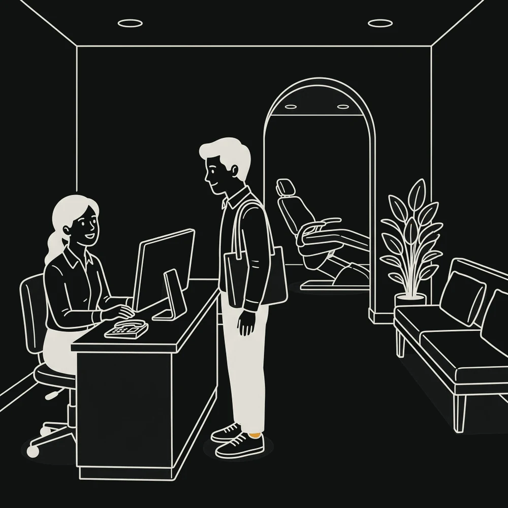 A dental clinic reception where a receptionist greets an arriving patient, with the treatment room visible behind.