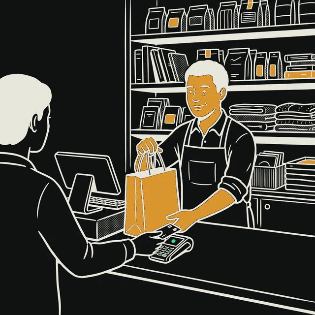 A shop owner packing an order at a counter.