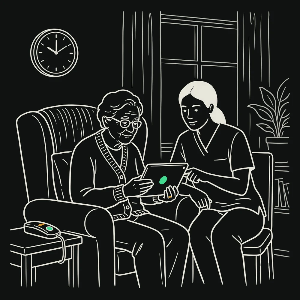 A care worker sitting beside an older resident, the two of them looking at a tablet together.