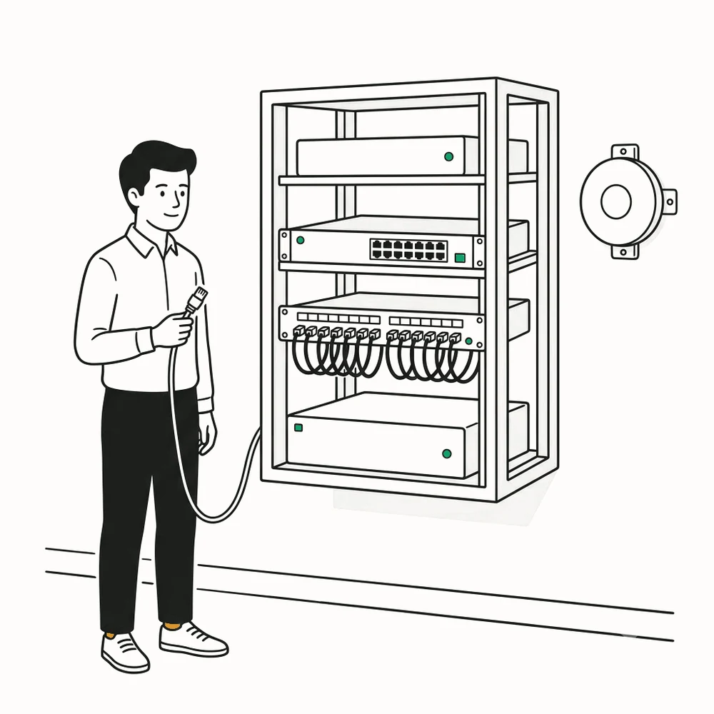 A network rack holding a firewall, a switch, a patch panel and a server, with a wireless access point on the wall and an engineer holding a cable.