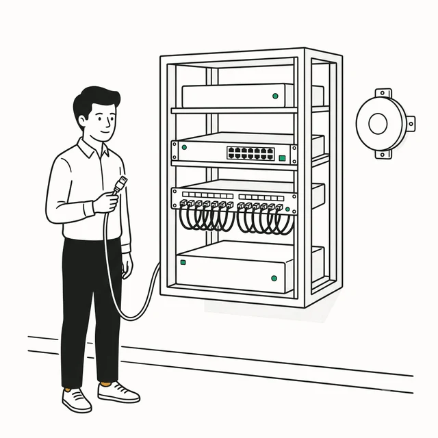 A network rack holding a firewall, switch, patch panel and server, with an engineer beside it.
