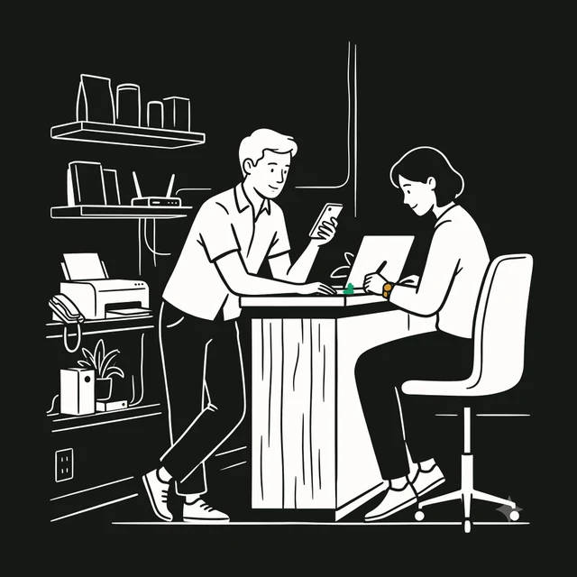Two colleagues at a desk, one showing the other something on a laptop screen.