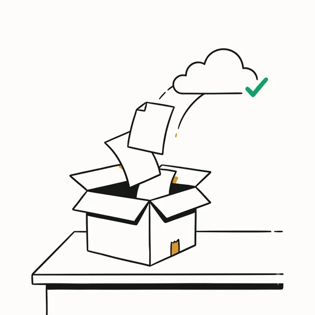 Document sheets rising from an open file box towards a cloud outline.