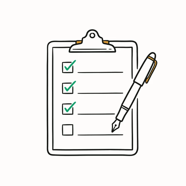 A clipboard with four ruled rows, the first three ticked off, a pen resting against it.