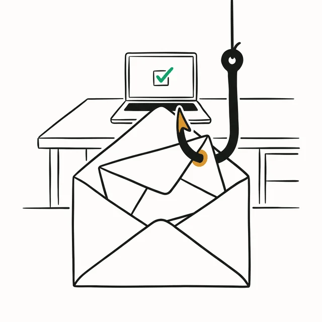 An open envelope with a fishing hook lifting out of it, and a laptop behind showing the message was stopped.