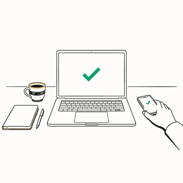 A laptop showing a single green tick while a hand holds a phone approving the sign-in.