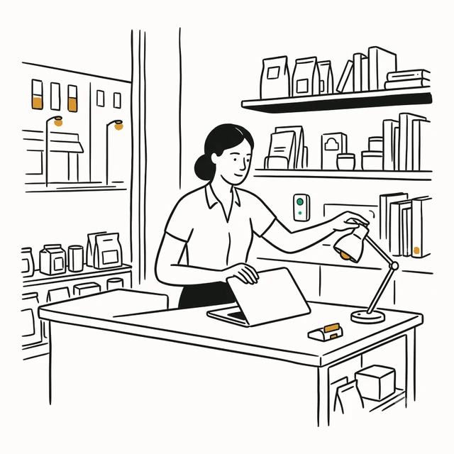 A shop owner closing her laptop and turning off the desk lamp at the end of the day.
