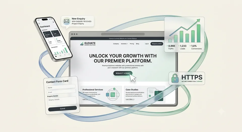 A business website shown on a laptop and a phone, with a contact form beside it and an enquiry arriving.