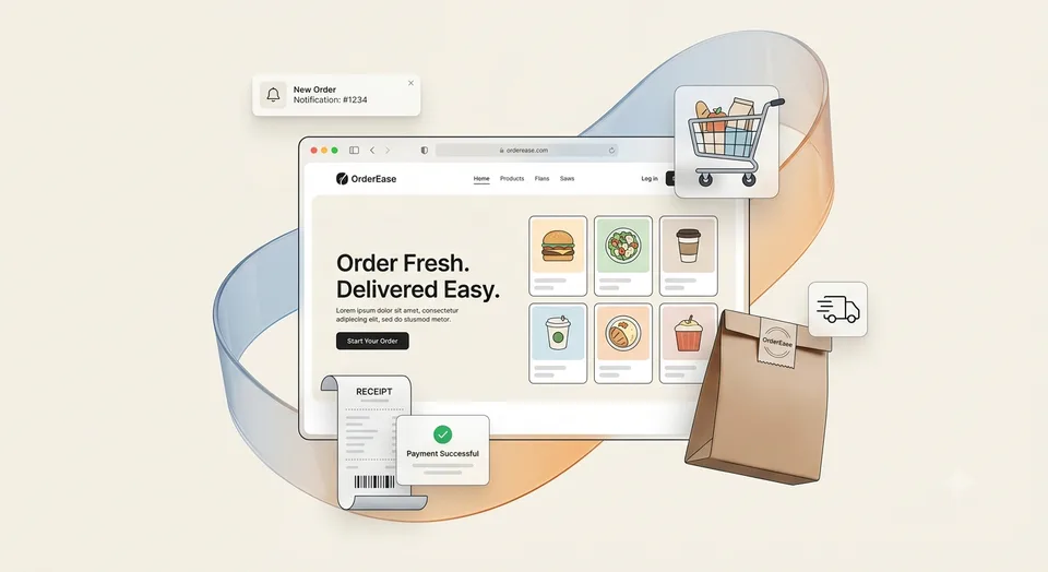 An online ordering page with a receipt, a paid confirmation and a takeaway bag.