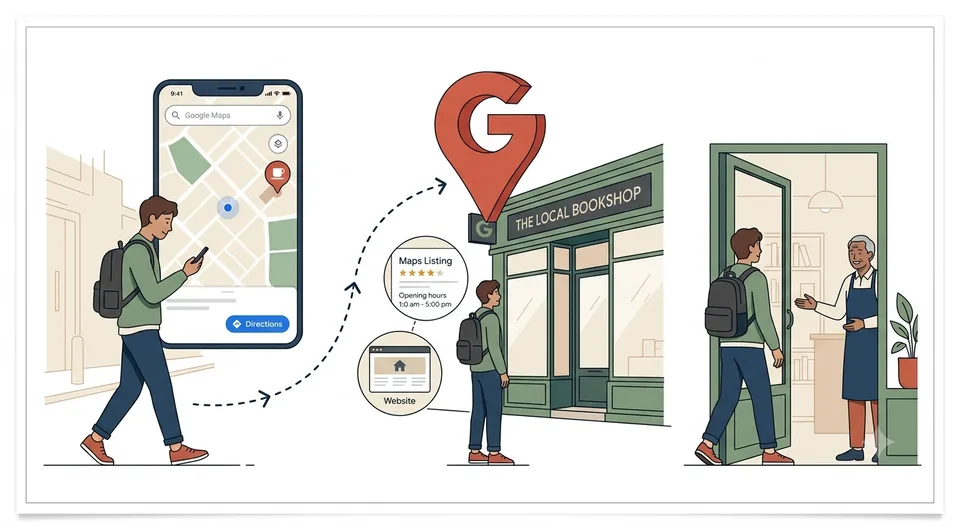 Somebody searching on their phone, following the map listing to a local shop, and being greeted at the door.