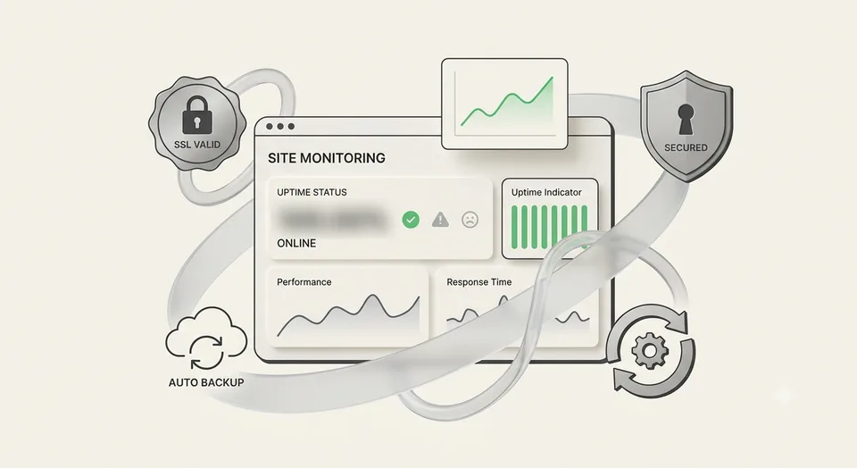 A monitoring view showing uptime, the security padlock and automatic backups.