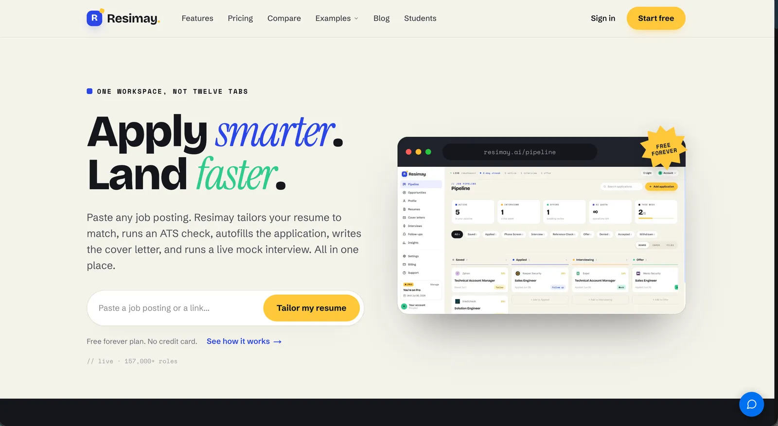 The Resimay home page, headed &ldquo;Apply smarter. Land faster.&rdquo;, with the job pipeline shown alongside it.