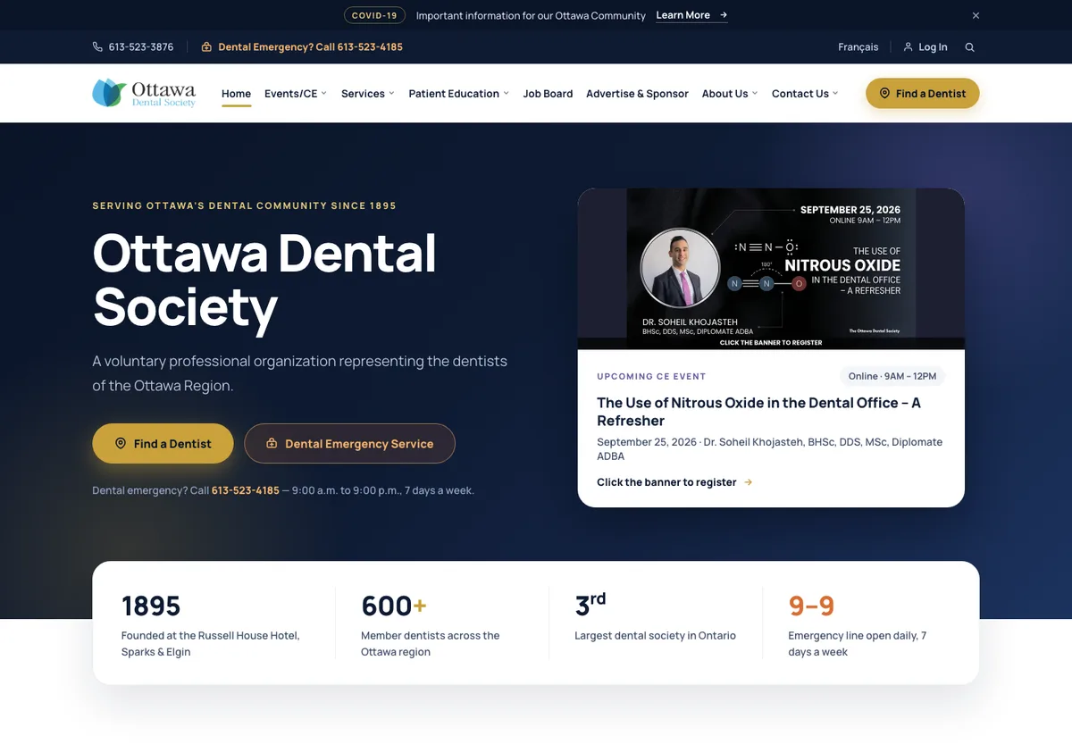 The new ottawadentalsociety.org homepage: dark navy hero reading Ottawa Dental Society, serving Ottawa's dental community since 1895, with Find a Dentist and Dental Emergency Service buttons and an upcoming continuing-education event card.