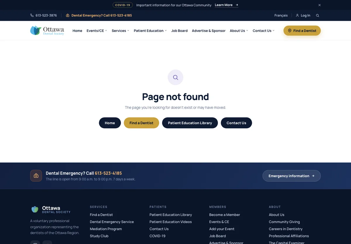 The French homepage of ottawadentalsociety.org, Société dentaire d'Ottawa, with the same layout as the English site.