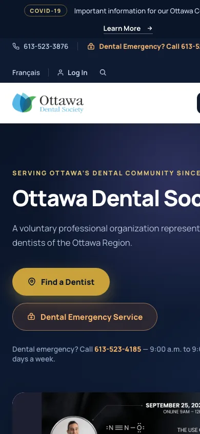 The mobile view of the Ottawa Dental Society homepage on a phone-sized screen.
