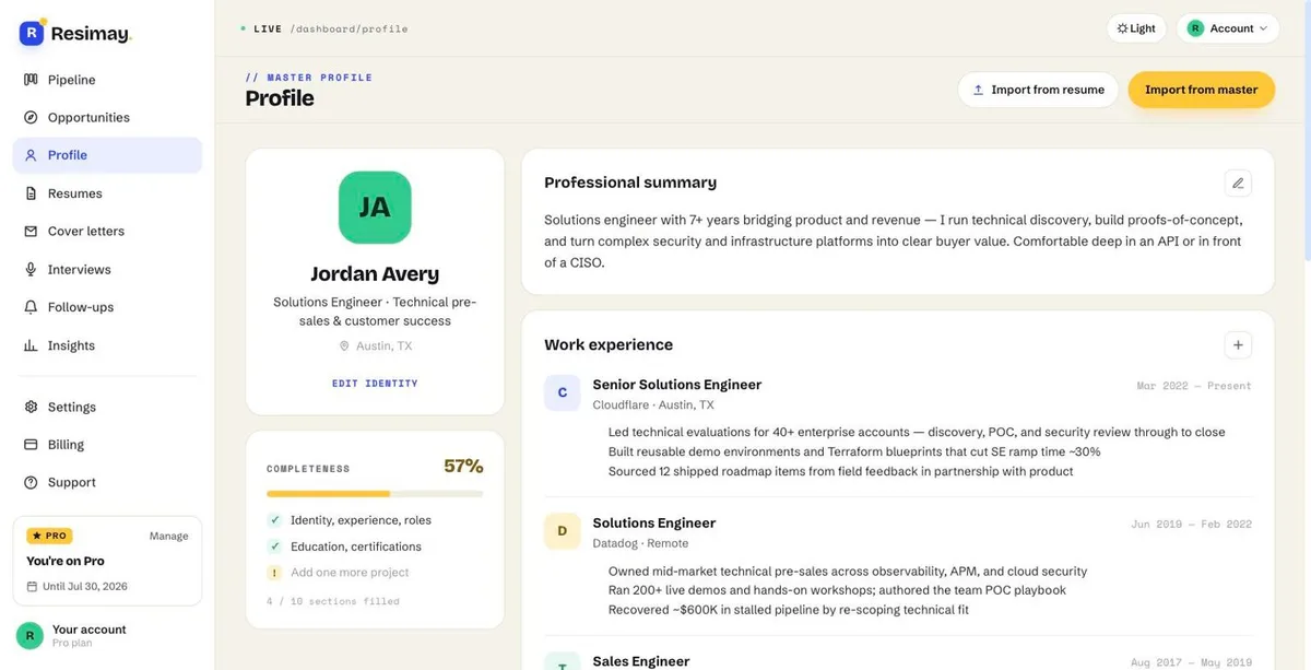 The Resimay resume builder showing a master resume being edited with structured sections.